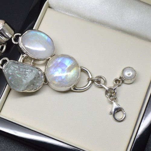 Heavy Sterling Silver 925 Bracelet MOONSTONE PEARL RHODONITE AGATE Gift for Her - Imagen 5 de 7