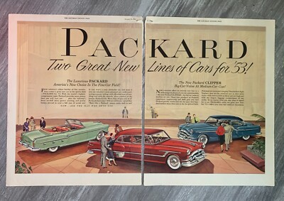 1953 PACKARD 10.5x14'' Automotive Print Ad VG/VG+Two Great New Lines of Cars 2pgs