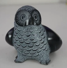 BOMA Carved Snowy Owl Stone sculpture black Figurine figure 3.5"