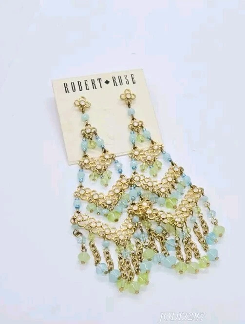 Люстра проколотые серьги Robert Rose подвеской синий зеленый золотой тон 4,5» пастель - Изображение 4 из 4