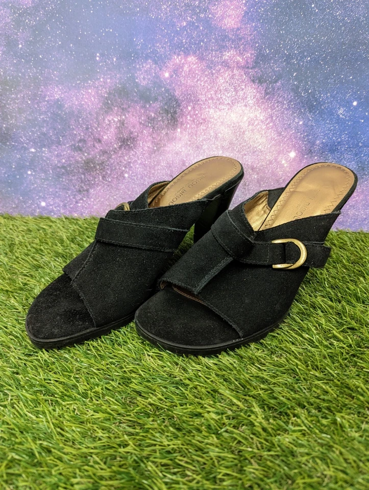 Bisou Bisou, Para Mujer, Punta Abierta, Tacones Mula Talla US 7 M, Gamuza Negra Foto 2 de 4