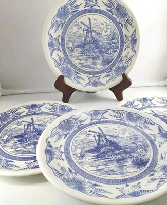 4 Vintage Ironstone Italian Tableware Plates 9.5'' Round Blue/White Design READ