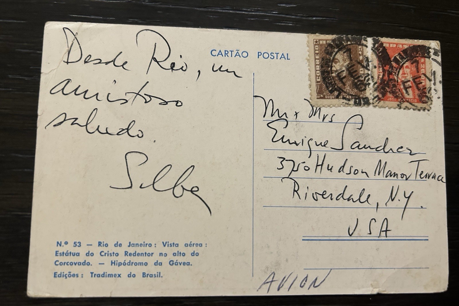 Rio de Janeiro Brazil Postcard Mailed To U.S. / 1962