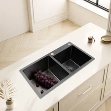 Double-Bowl Kitchen Sink, Multifunctional Overmount Stainless Steel Sink, Black