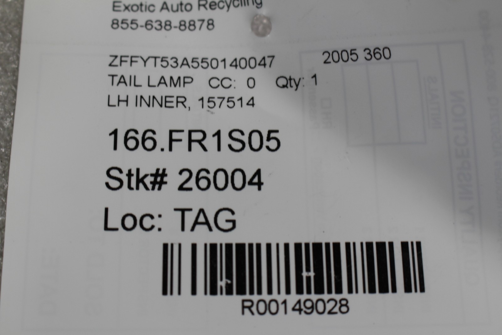Ferrari F355 Left Inner Tail light P/N 157525
