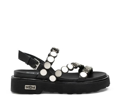 KULT - DAMEN SANDALE AUS SCHWARZEM LEDER - NIEDRIGER ABSATZ - ZIGGY 4770 SILBERNE NIETEN