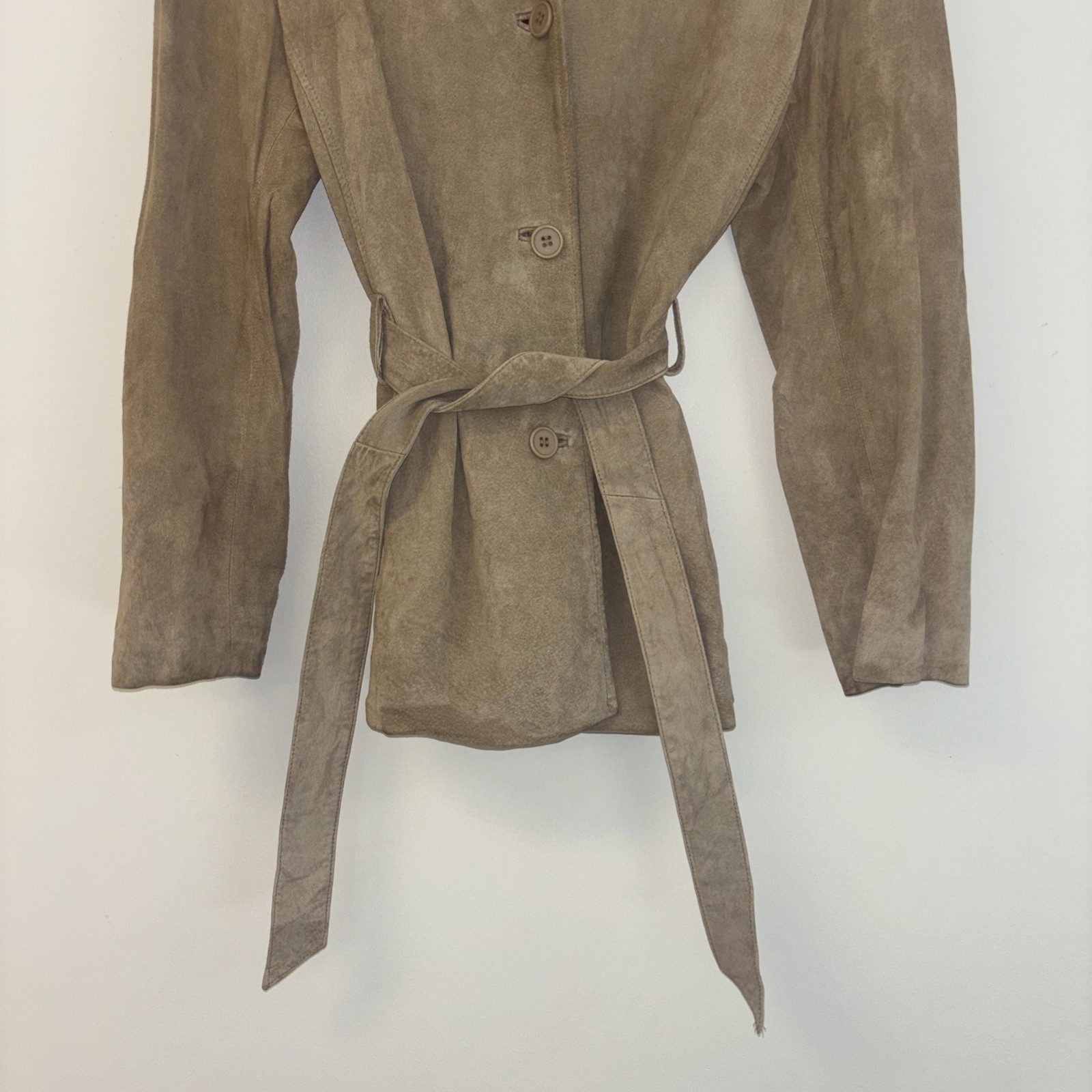 VTG Suede Leather Women’s Jacket Sz L Coat Y2K Brown Tan Belted Button Up Suede