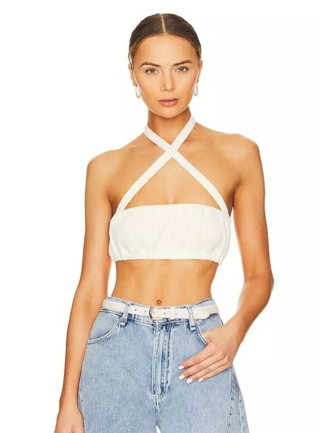 WeWoreWhat Women's Tie Halter Bra Top in Ivory Wide Rib Stretch XXS ~ NWT