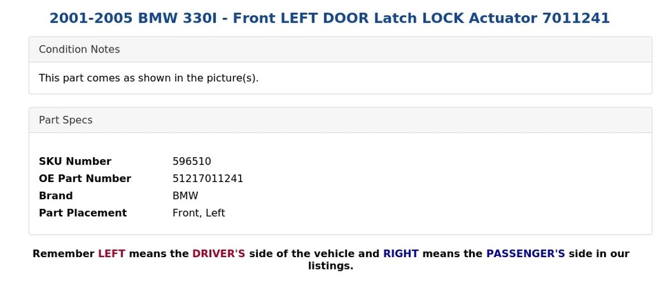 2001-2005 BMW 330I - Front LEFT DOOR Latch LOCK Actuator 7011241 - Image 4 of 4