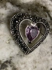 Vintage Costume Jewelry Silver Tone Heart Purple Gemstone Brooch