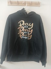 Black Pray Graphic Print Fleece Hoodie Men's Medium Hooded Pockets Long Sleeve