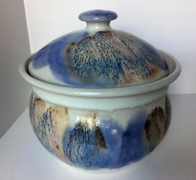 Vintage Studio Pottery Blue Tan Glazed Crock with Lid Kravec Studios Naples FL