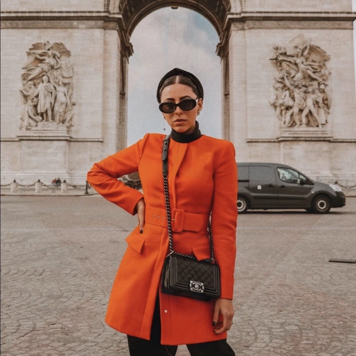 Orange belted store blazer dress