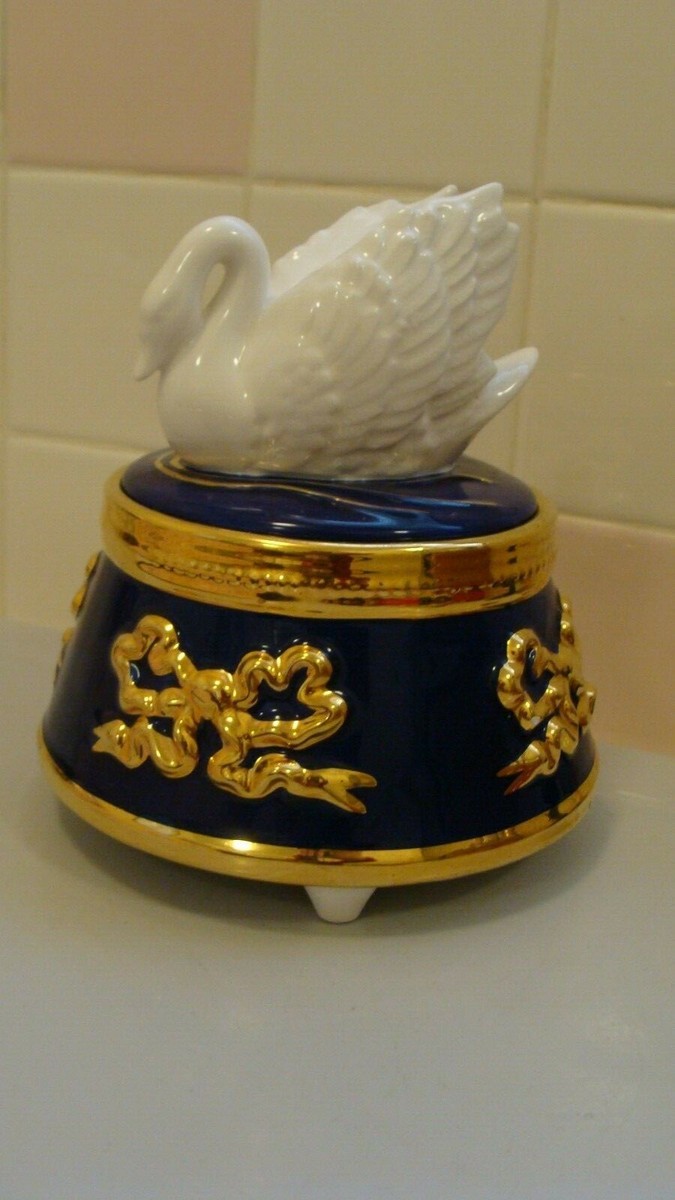 Teleflora Vintage Porcelain SWAN Music Box Trinket Jewelry Box