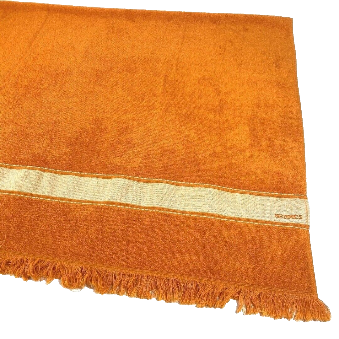 HERMES Paris Cotton Beach Towel Bath Mat Towel Fringe Orange 85.5