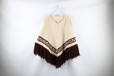 Vtg 60s Boho Chic Womens One Size Chunky Knit Fringed Pullover Poncho Sweater