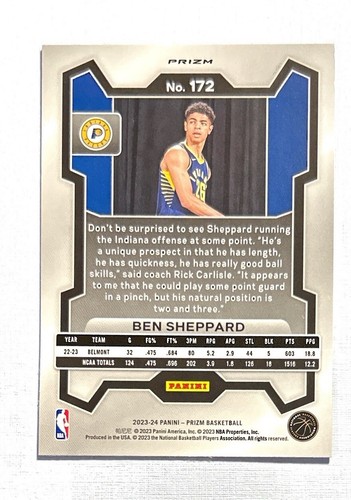 Ben Sheppard ~ 2023-24 Panini Prizm ~ Rookie Red White Blue Prizm #172 - Picture 2 of 2