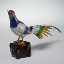 Cloisonné Multicolored Blue Brass Pheasant Bird Figurine  on Wooden Base 11"l