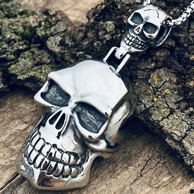 Mens Stainless Steel Halloween Large Punk Biker Skull Pendant