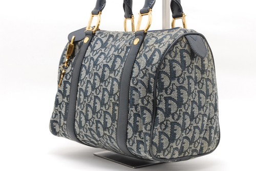 Christian Dior Mini Boston HandBag Trotter Gold Navy Canvas Authentic - Picture 3 of 10