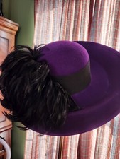 Geo W. Bollman Co. Hat Doeskin 100 Wool Felt Purple Black Feathers Vintage EU