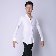 Men Latin Dance Shirts Tops Ballroom Modern Salsa Stretch Long Sleeve White Cosy