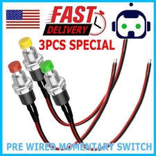 3PCS 12mm 12V 5Amp Mount Push Button Lockless Momentary ON/OFF Wired Switch