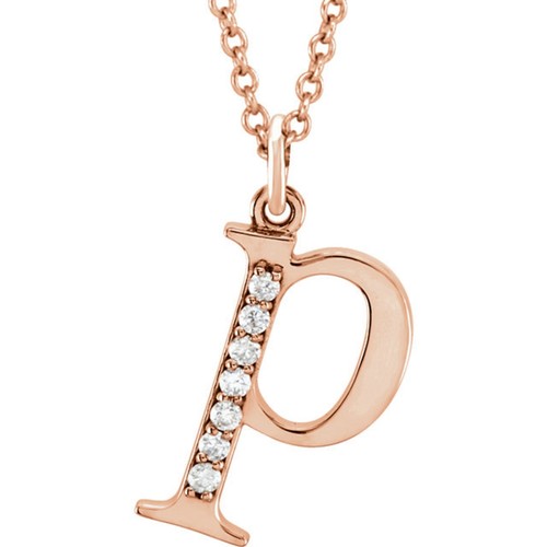 Initial Diamond Necklace 14K Rose Gold Lower Case Initial Letter P Monogram  - Picture 1 of 12