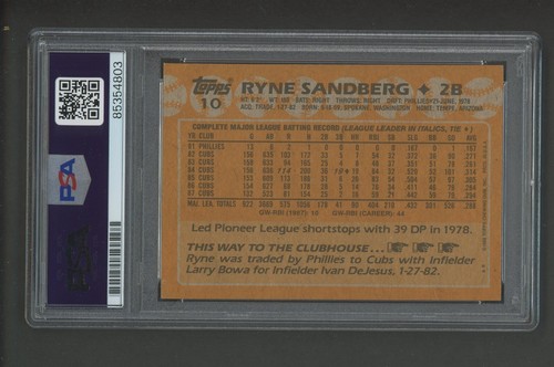 Ryne Sandberg 1988 Topps Card #10 Cubs PSA/DNA Encased Autograph - Picture 2 of 2