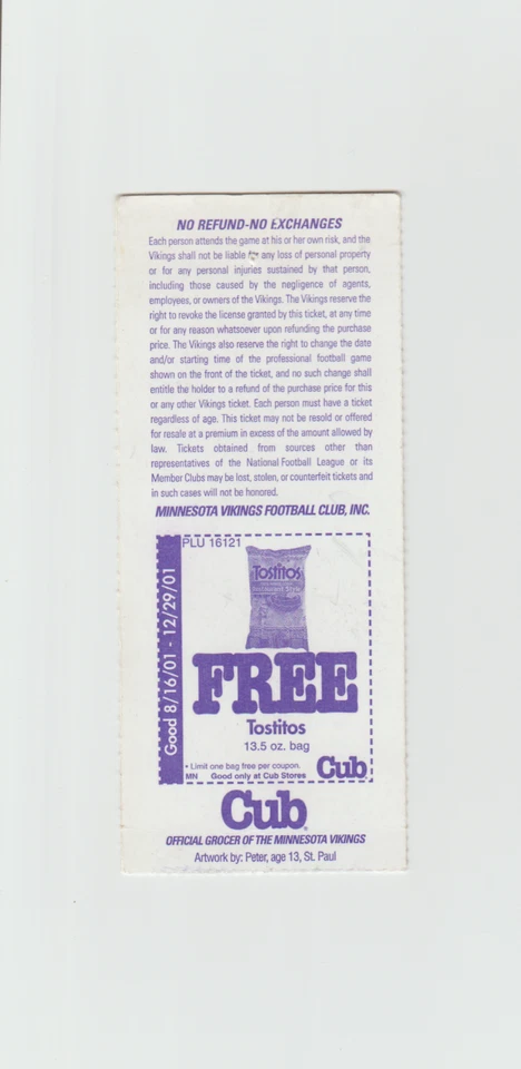 Minnesota Vikings Ticket Stub - September 30 2001 - Cris Carter 125th TD - Изображение 2 из 2