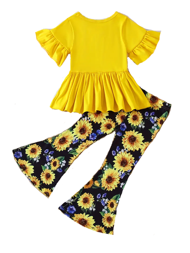 NWT Boutique Girls Size 6 Short Sleeve Yellow Flowers Ruffle Bell Pants Set - Picture 2 of 3