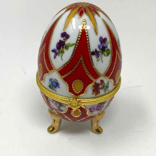 Markenlos Eiförmige Porzellan Schmuckschatulle Rot Gold Metallic mit drei Füßen