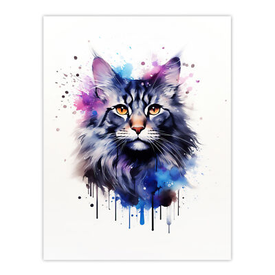 Maine Coon Katzenliebhaber Aquarell Haustier Portrait Gemälde Wandbild Poster Druck