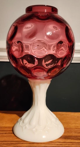 Vintage Fenton Cranberry Coin Dot Ivy Ball Vase w/ Milk Glass Base Fairy Lamp