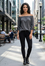 Gray Women's Casual Relaxed Off The Shoulder Long Sleeve Tee