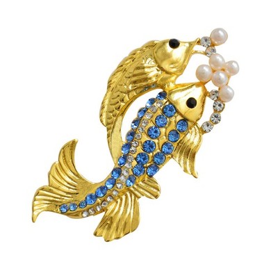  Goldener Fisch Brosche Double Fish Revers Pin mit farbigen Kristall und reine