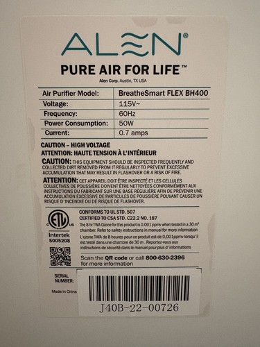 Alen BreatheSmart FLEX BH400 Air Purifier, Used, True HEPA, 700 sq ft - Picture 9 of 10