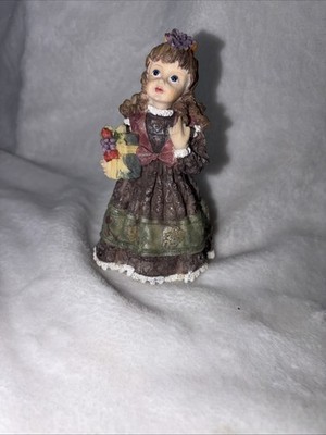K's Collection 5'' Resin Doll Figurine Little Girl Plum Dress Curls & Bouquet Vtg