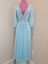Vintage Olga Peignoir Set Nightgown Robe Blue Pearl Lace Size Medium Full Sweep
