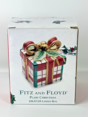 Fitz & Floyd Ceramic Plaid Christmas Lidded Trinket Box Red Green Holiday Decor