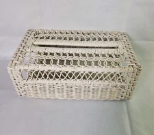 Vintage Wicker Tissue Box Cover 10 in. Long Cottage Woven Rattan Boho Rustic 70s