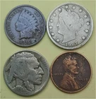 Lot of 4 Old Coins – 1 Indian Head Penny, 1 Lib V 5c, 1 Buffalo 5c & 1 Linc 1c