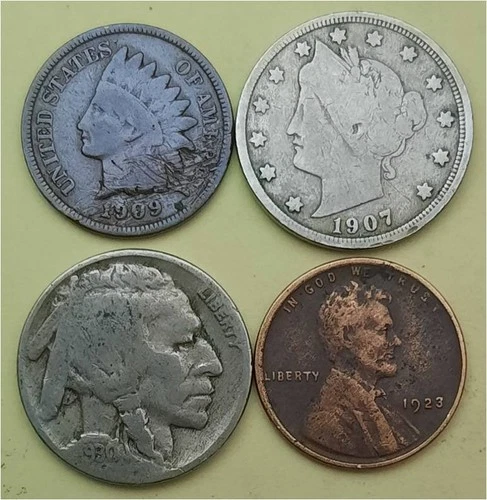 Lot of 4 Old Coins – 1 Indian Head Penny, 1 Lib V 5c, 1 Buffalo 5c & 1 Linc 1c