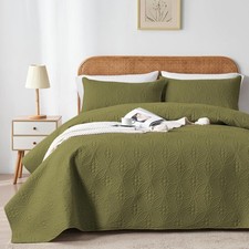 Olive Green Full/Queen Quilt Bedding Set, Embossing Microfiber Bedspreads With