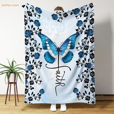Blue Butterfly Fleece Blanket Floral Print Cozy Throw with Hopeful Design Art