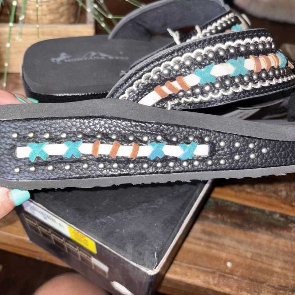 Chanclas MONTANA WEST Mandala costura a mano negras western Foto 3 de 4