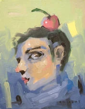 Modern Portrait of a Woman and Apple Original Oil Painting by Aldo Cherres