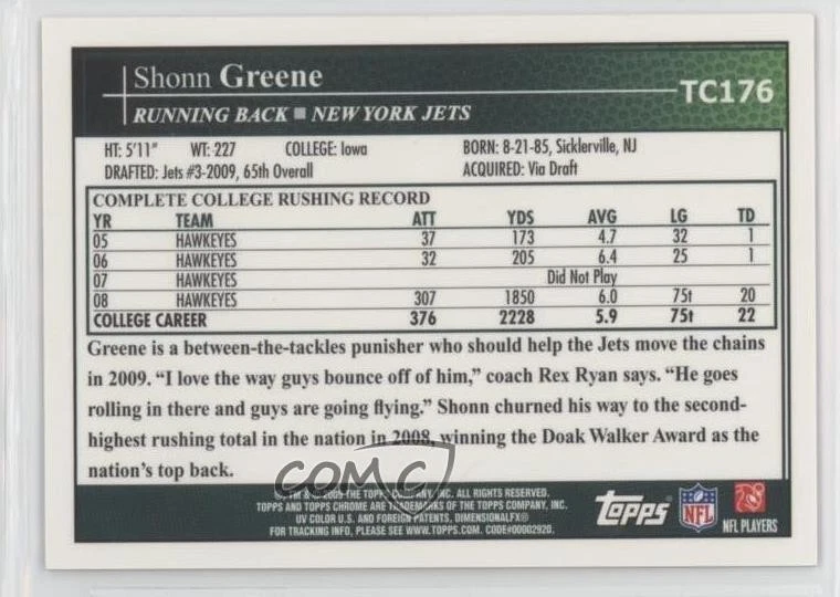 2009 Topps Chrome Rookie Auto Shonn Greene #TC176 Auto RC - Image 2 of 2