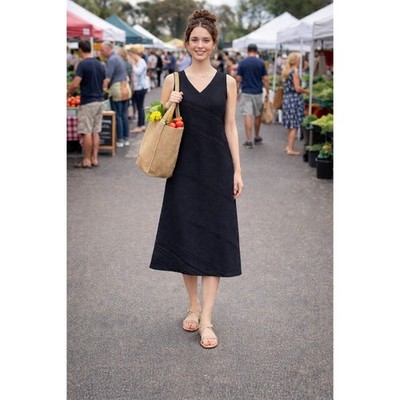 April Cornell Women's Small Black Linen Blend Lace Trim Midi Dress Cottagecore