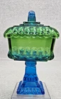 Vintage ArtDeco Jeanette Glass Wedding Cake Box Lidded Candy Dish Blue Green